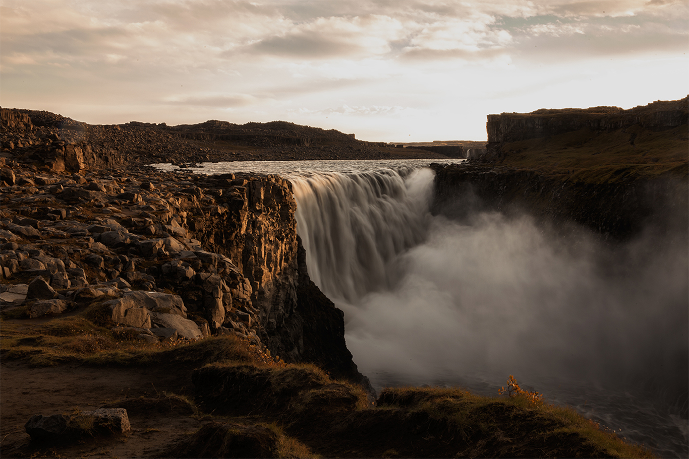 Dettifoss waterfall thundering through a rocky canyon in northeast Iceland