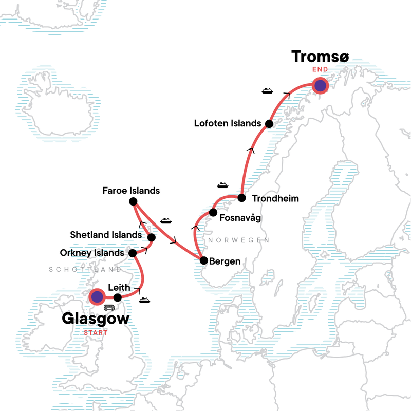 Map of the route for In the Wake of the Vikings: Orkney, Shetland & the Faroe Islands